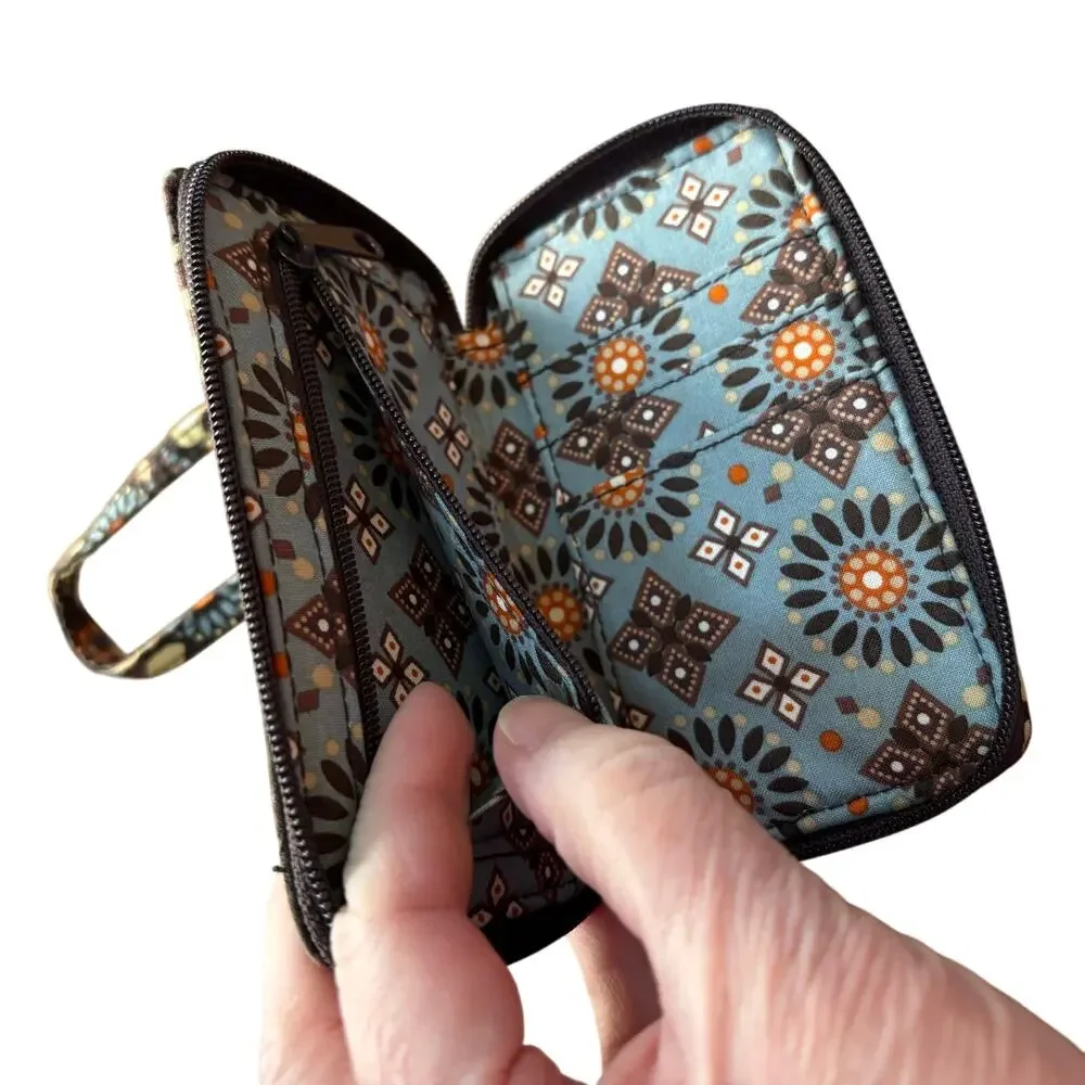 Vera Bradley wristlet wallet quilted cotton brown tan small zip around pouch